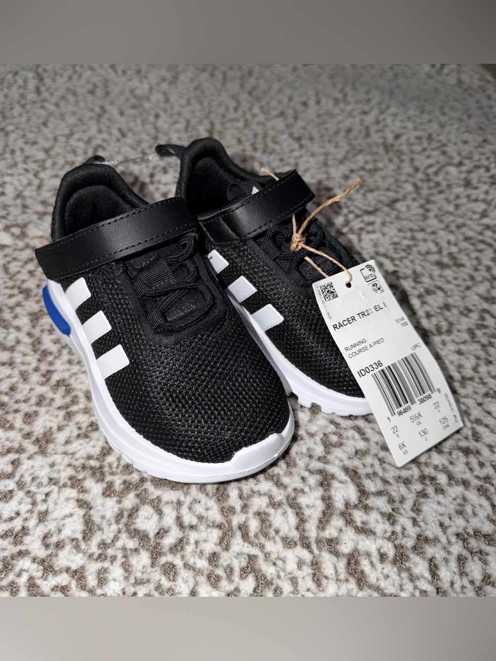 adidas Kids Black and White Racer Slip-On Sneakers with Blue Heel Accent